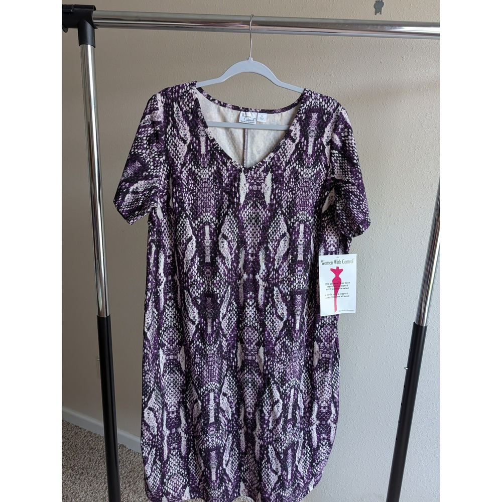 Women With Control Purple Snakeskin V-Neck Slimming Dress 1X Renee Greenstein